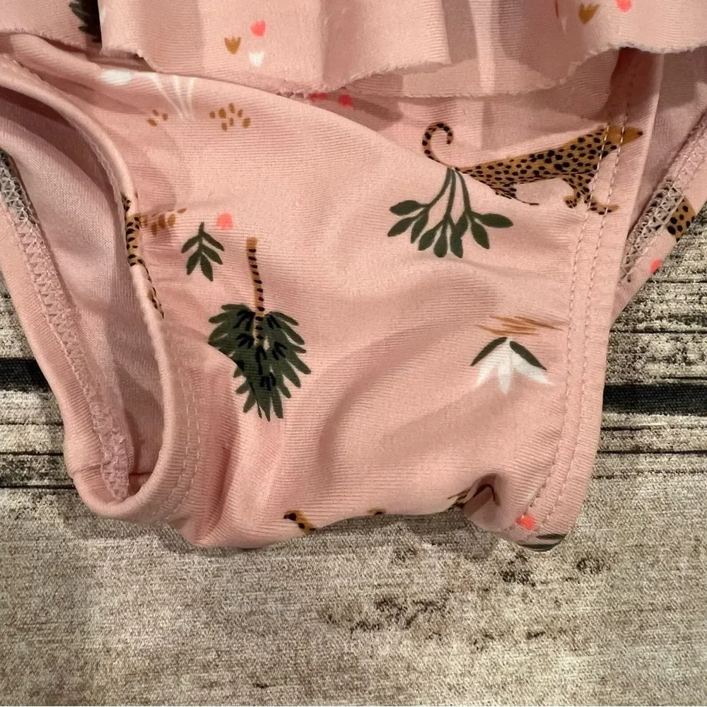 Old Navy Pink One Piece Ruffled Swimsuit with jungle print, size 12-18